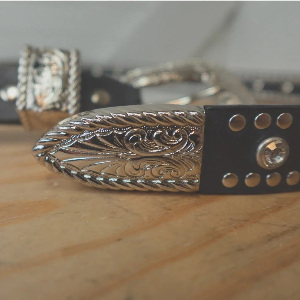 Women's Black Leather Studded Nocona Belt Medium‎ Rhinestones Silver Tone Buckle